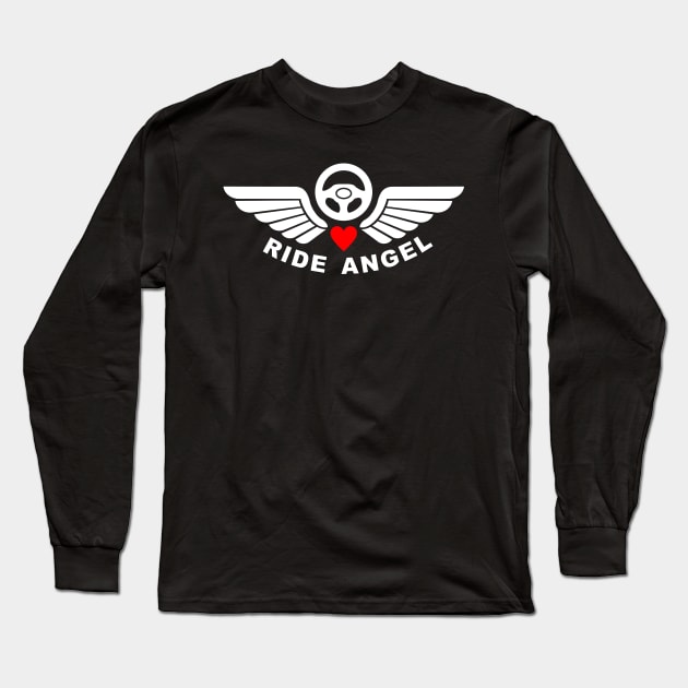 Ride Angel, graphic t-shirt with steering wheel and angel wings for volunteers drivers for helping people in need. Long Sleeve T-Shirt by Cat In Orbit ®